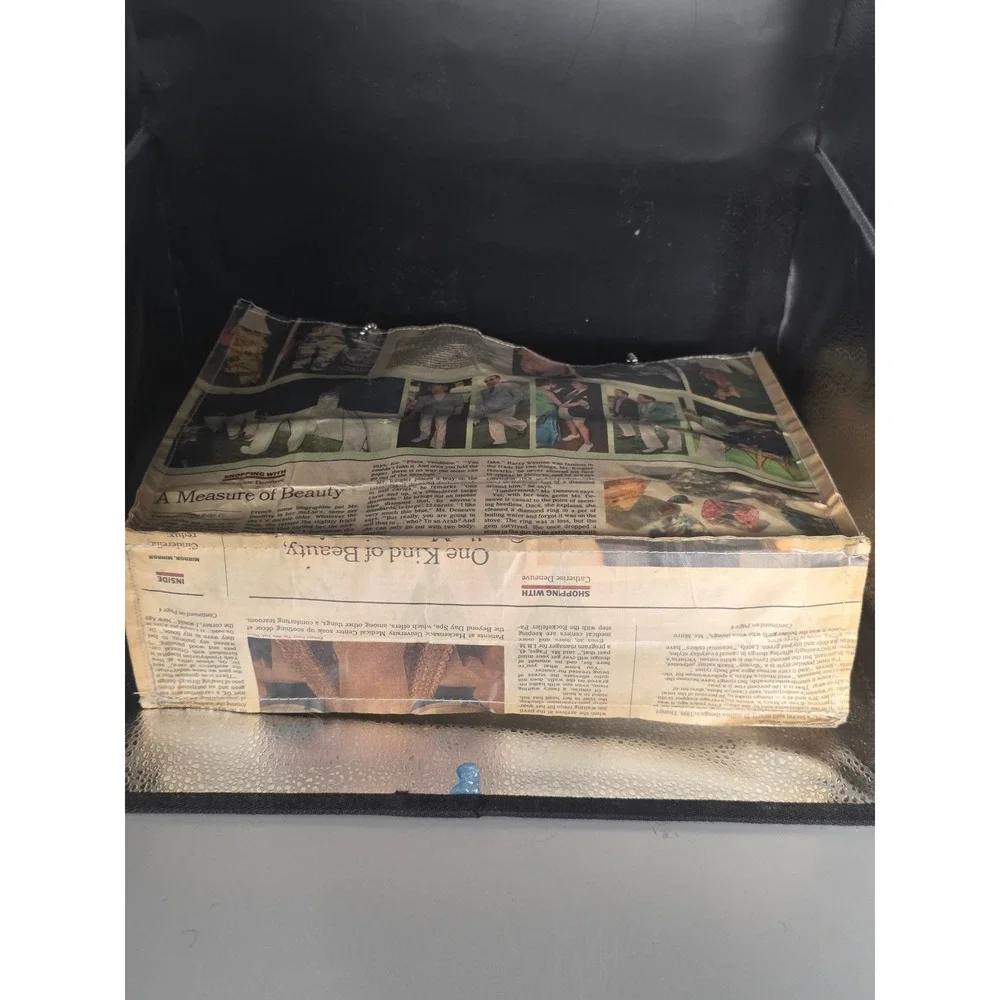 Vintage Y2K Newspaper Print Coated Tote Bag Silver Ball Chain Handle Shopper